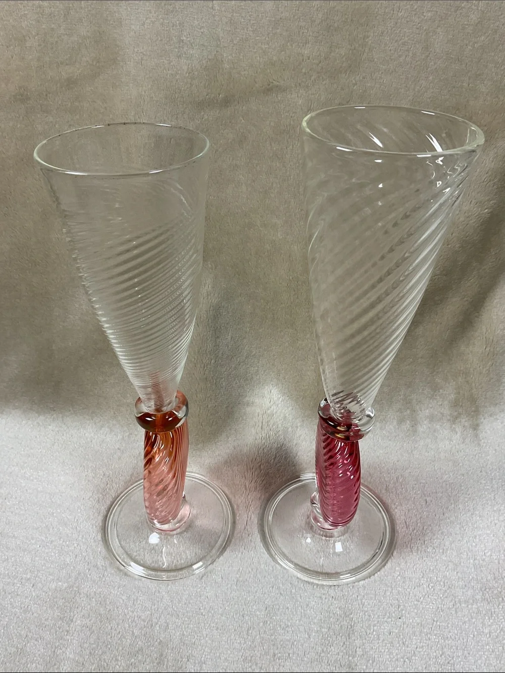 Handblown Glass Champagne Flutes with Pink and Coral Orb Stem
